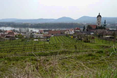 Riede HINTERS KIRCHL, Blick zur Donau mit Pfarrkirche, Frauenkirche und Stift Göttweig.